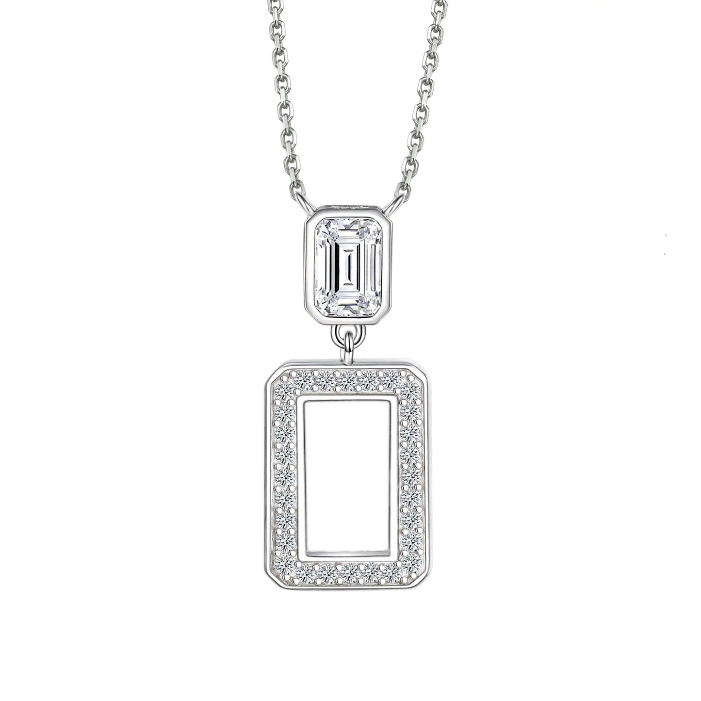 A sterling silver rhodium plated necklace with a cubic zirconia crystal pendant.
