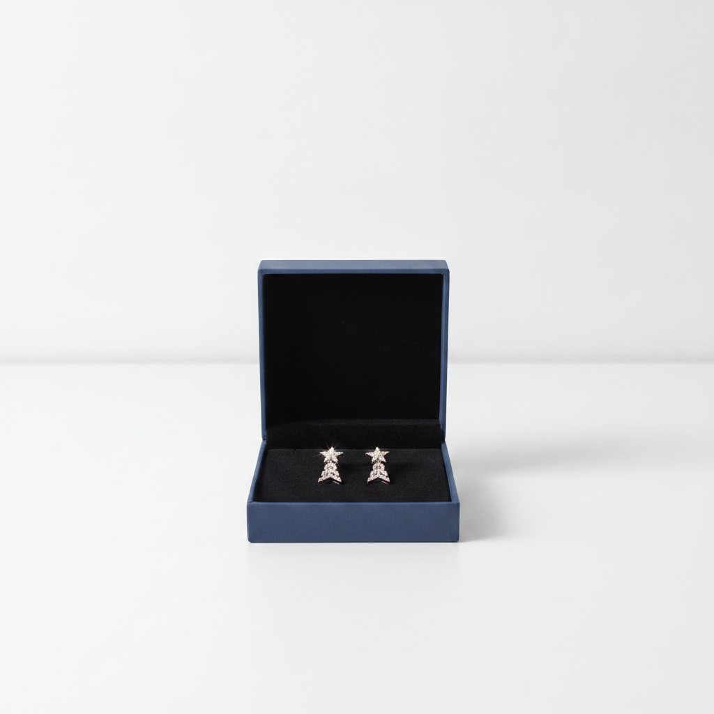 A pair of silver-toned earrings displayed inside an open dark blue jewelry box with a black velvet lining, set against a clean white background.