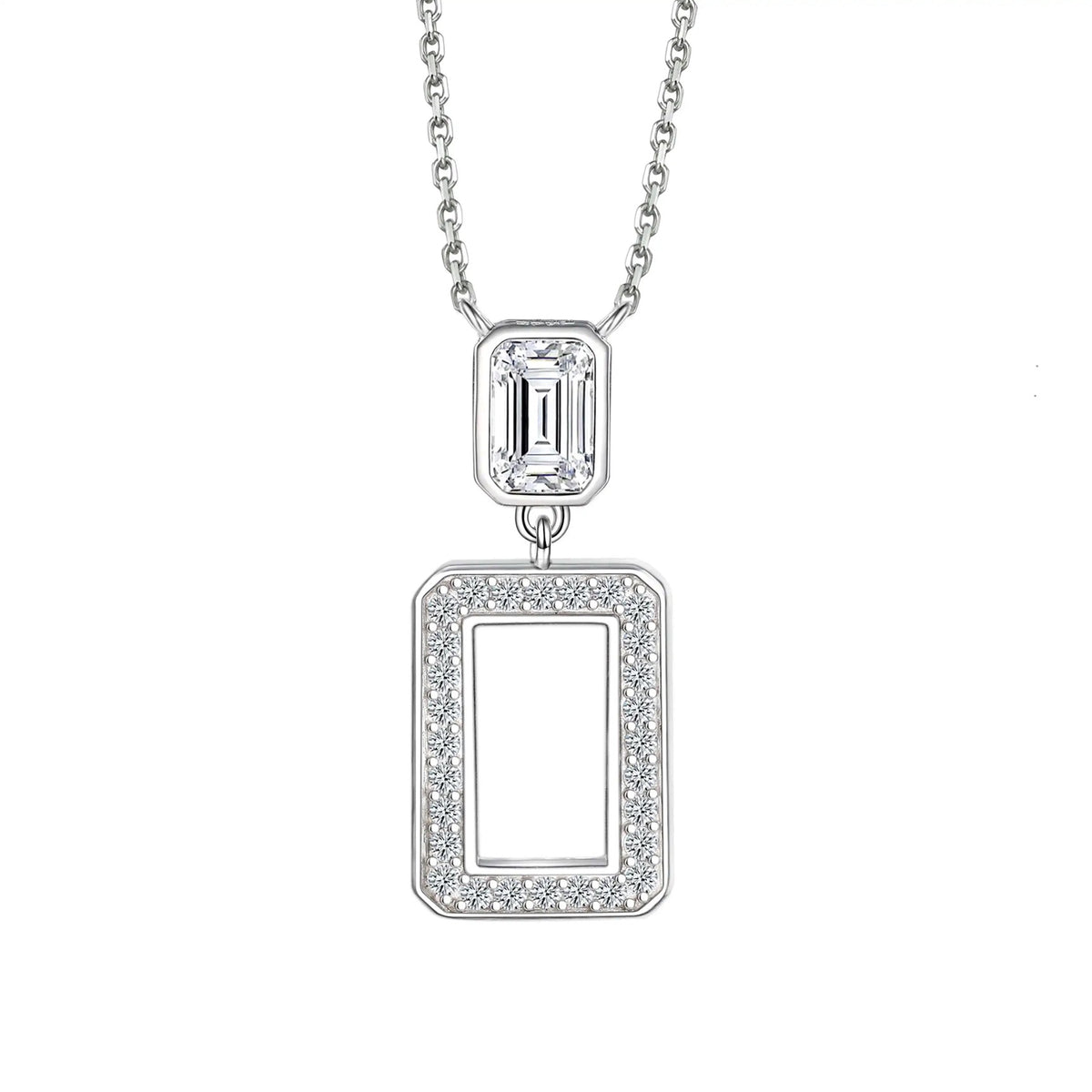 A sterling silver rhodium plated necklace with a cubic zirconia crystal pendant.