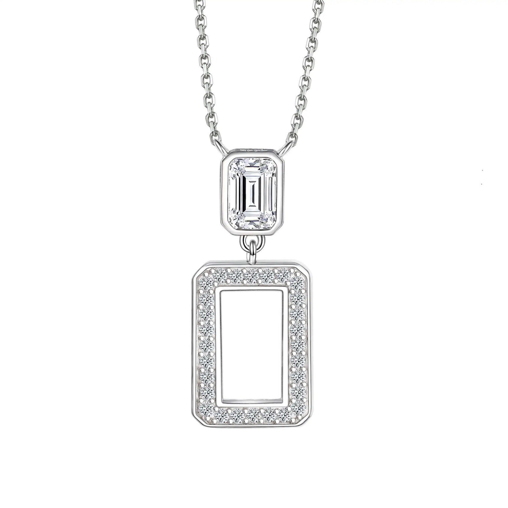 A sterling silver rhodium plated necklace with a cubic zirconia crystal pendant.